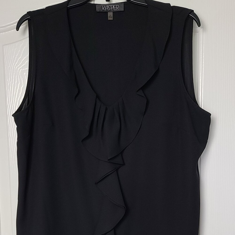 Kasper Black Sleeveless Ruffle Blouse, XL